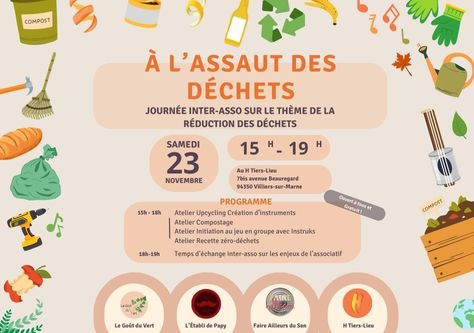 Flyer de l'évènement à l'assaut des déchets. Illustrations et informations. Samedi 23 novembre de 15h à 18h.
