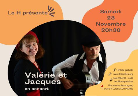 Affiche du concert du duo Commun Accord. Au 1er plan centre : Valérie, chanteuse et Jacques, guitariste. En haut à droite, la date : samedi 23 novembre à 20h30. En bas à droite, les informations du lieu : 7 bis av Beauregard 94350 Villiers-sur-Marne. Entrée libre et gratuite. Accessible en Bus 206 et 207, arrêt Les Mousquetaires.