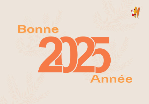 message de bonne année 2025 écrit dans les tons orange sur un fond beige. Logo H Tiers-Lieu apparait avec un père Noël
