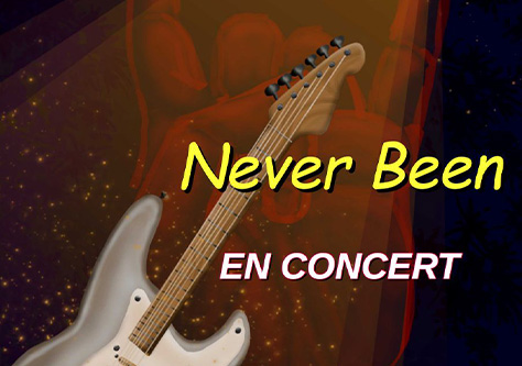 affiche de concert du groupe Neverbeen. Fond rouge avec une guitare en premier plan.
