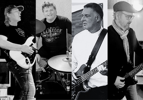 photomontage en noir et blanc des quatre musiciens du groupe welcome blues rock band